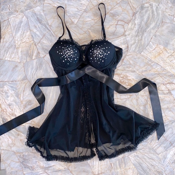 Victoria’s Secret Babydoll 36B Sheer Bling Rhinestones Push Up Sexy Little Thing - Picture 2 of 15